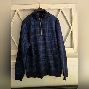 Nautica Men's Navy Blue Quarter Zip Fleece Pullover Plaid Sweatshirt Size Large
